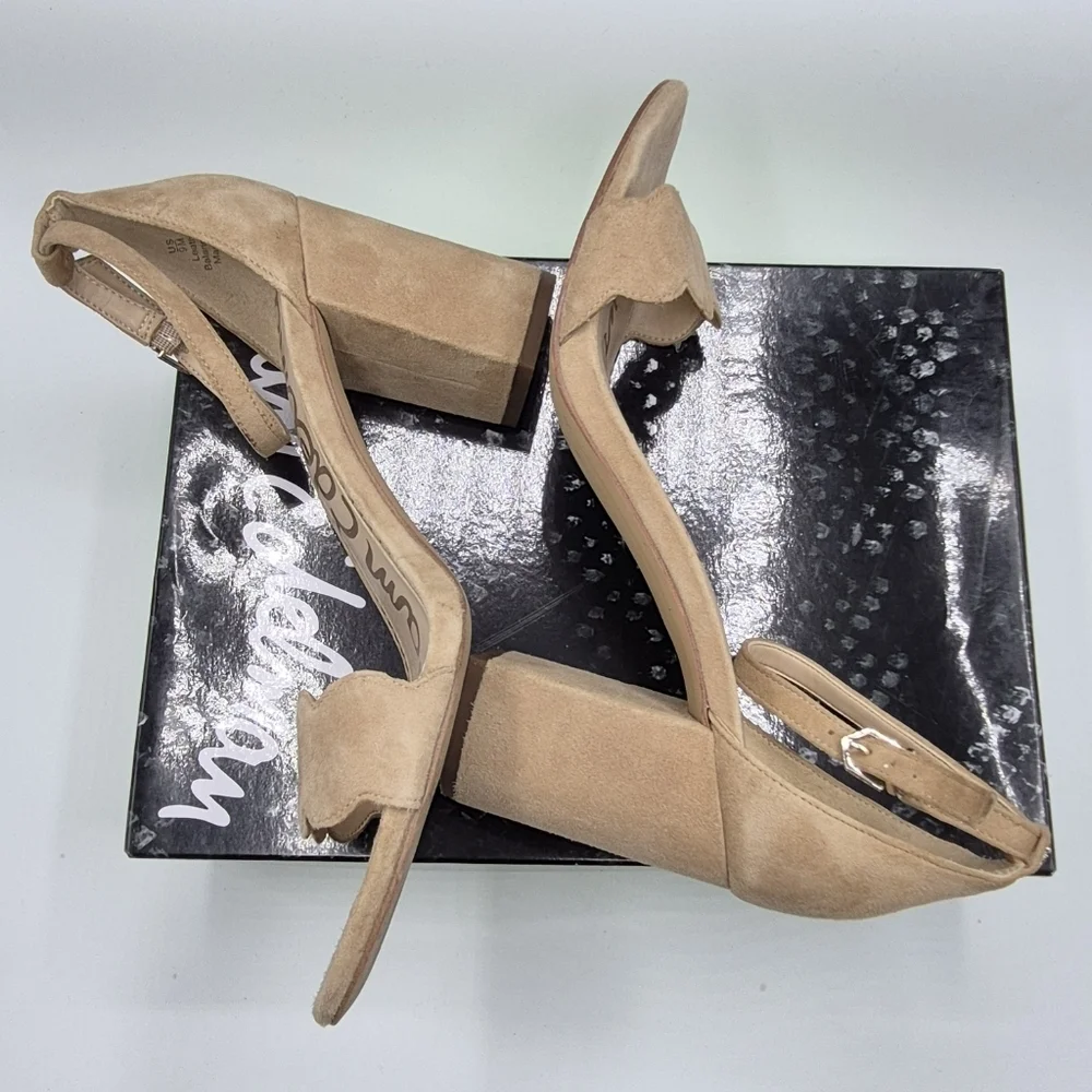 Sam Edelman Tan Suede Scalloped Block Heel Sandals, Used With Box